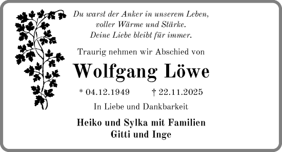 Traueranzeige von Wolfgang Löwe von Sächsische Zeitung