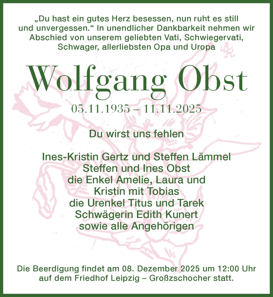  Traueranzeige für Wolfgang Obst vom 06.12.2025 aus Leipziger Volkszeitung