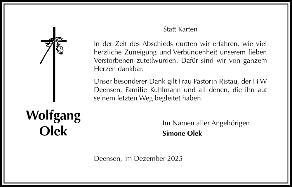  Traueranzeige für Wolfgang Olek vom 20.12.2025 aus Täglicher Anzeiger Holzminden