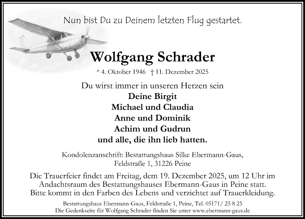 Traueranzeige für Wolfgang Schrader vom 13.12.2025 aus Peiner Allgemeine Zeitung