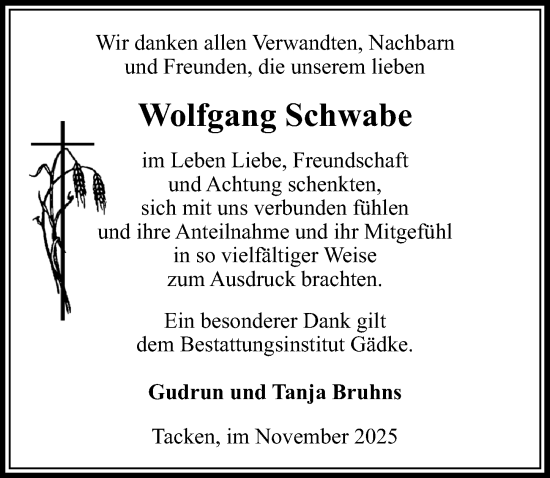 Traueranzeige von Wolfgang Schwabe von Wochenspiegel