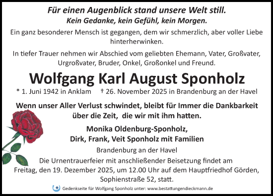 Traueranzeige von Wolfgang Karl August Sponholz von Märkischen Allgemeine Zeitung
