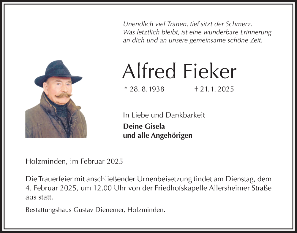  Traueranzeige für Alfred Fieker vom 01.02.2025 aus Täglicher Anzeiger Holzminden