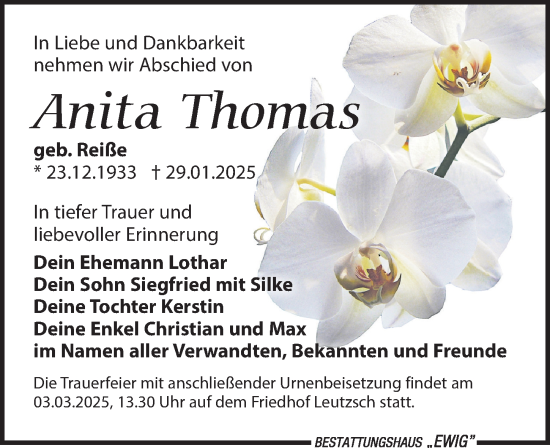 Traueranzeige von Anita Thomas von Leipziger Volkszeitung