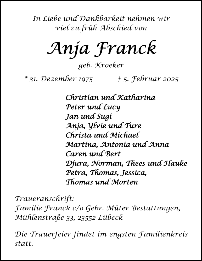  Traueranzeige für Anja Franck vom 16.02.2025 aus Lübecker Nachrichten