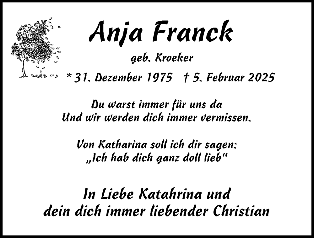  Traueranzeige für Anja Franck vom 16.02.2025 aus Lübecker Nachrichten