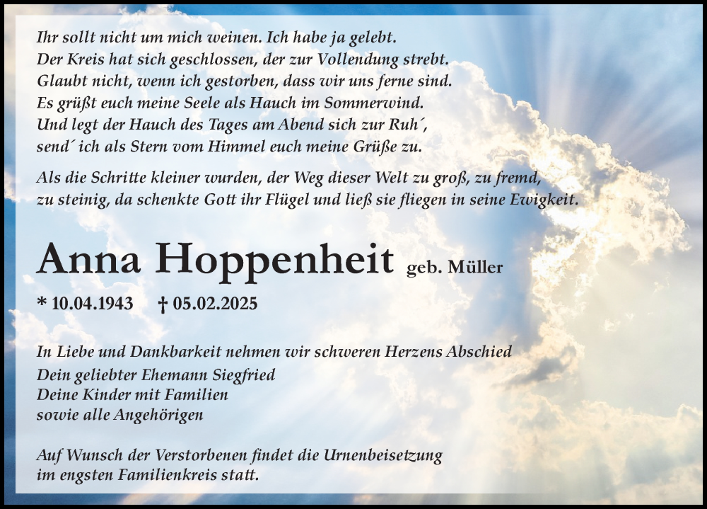  Traueranzeige für Anna Hoppenheit vom 15.02.2025 aus Wochenspiegel
