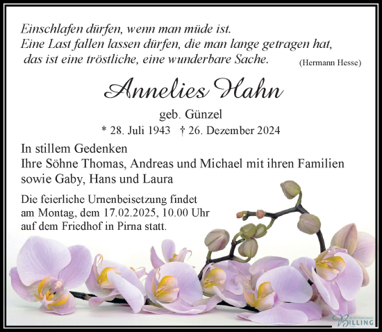 Traueranzeige von Annelies Hahn von Sächsische Zeitung