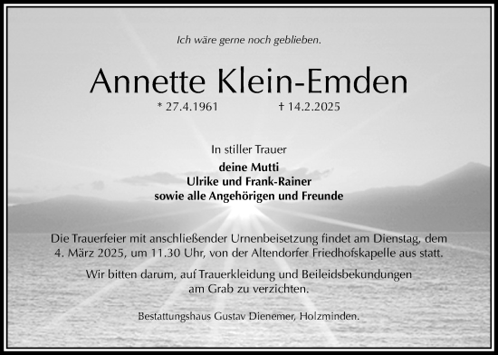 Traueranzeige von Annette Klein-Emden von Täglicher Anzeiger Holzminden