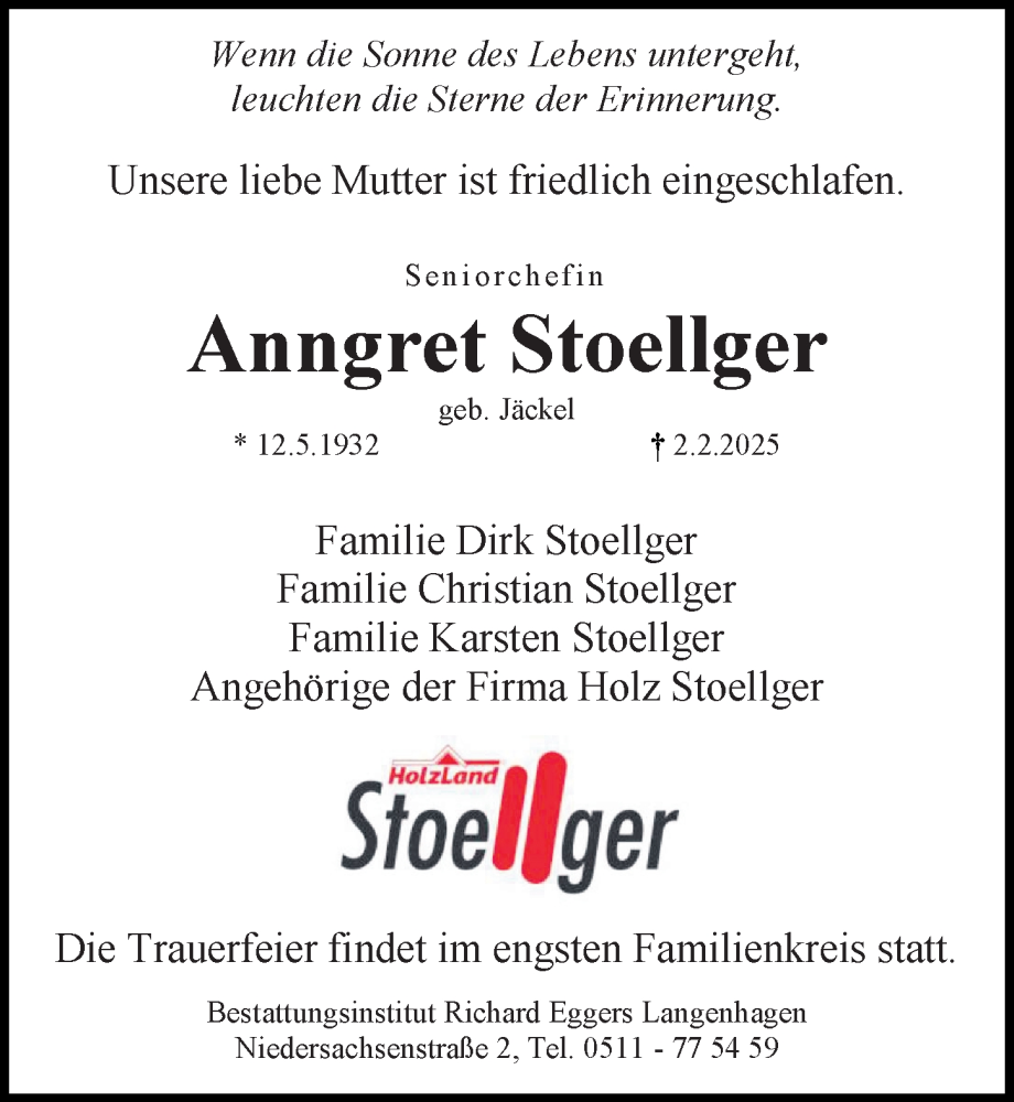  Traueranzeige für Anngret Stoellger vom 08.02.2025 aus Hannoversche Allgemeine Zeitung/Neue Presse