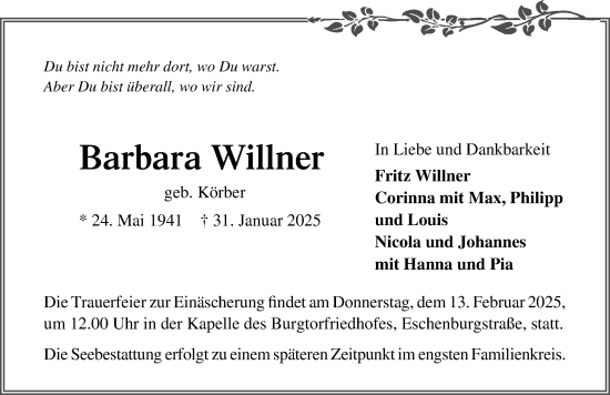 Traueranzeige von Barbara Willner von Lübecker Nachrichten