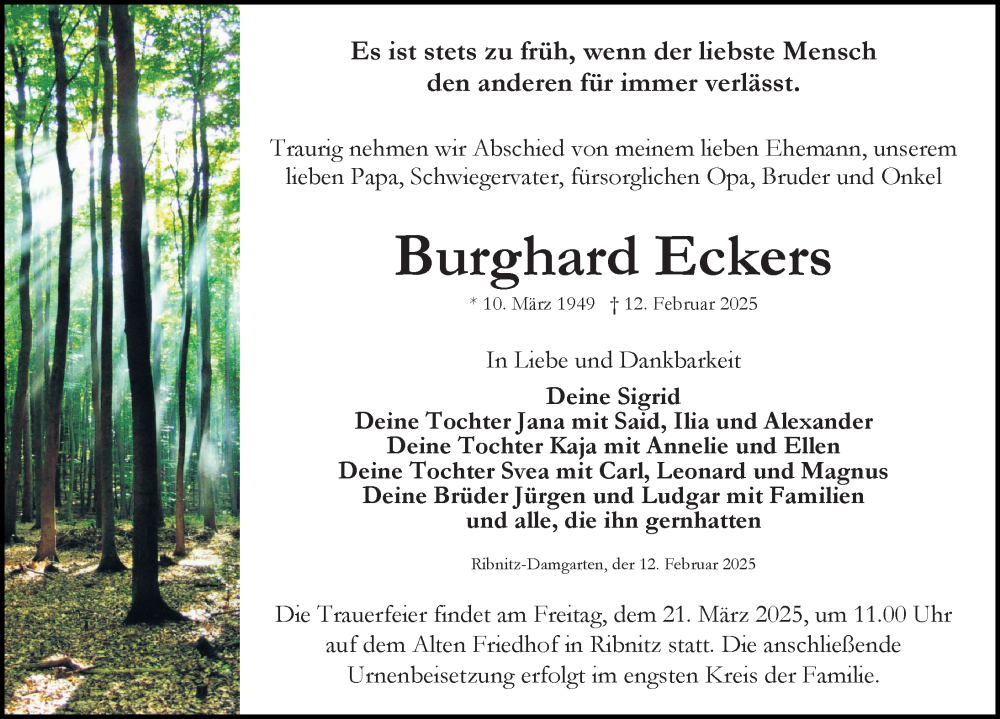  Traueranzeige für Burghard Eckers vom 22.02.2025 aus Ostsee-Zeitung GmbH