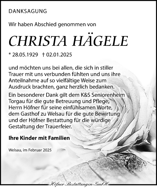 Traueranzeige von Christa Hägele von Torgauer Zeitung