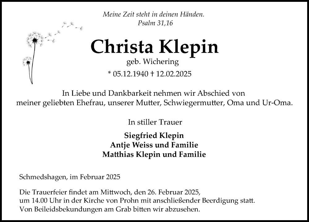  Traueranzeige für Christa Klepin vom 15.02.2025 aus Ostsee-Zeitung GmbH