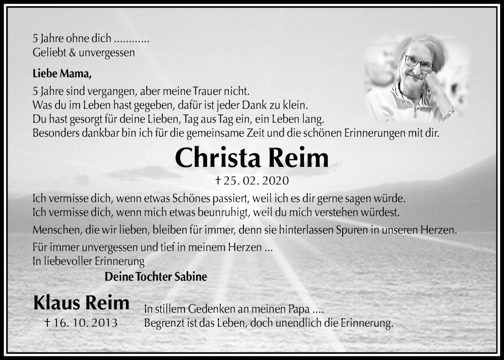  Traueranzeige für Christa Reim vom 25.02.2025 aus Täglicher Anzeiger Holzminden