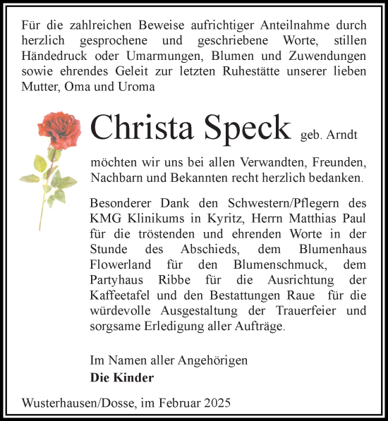 Traueranzeige von Christa Speck von Wochenspiegel