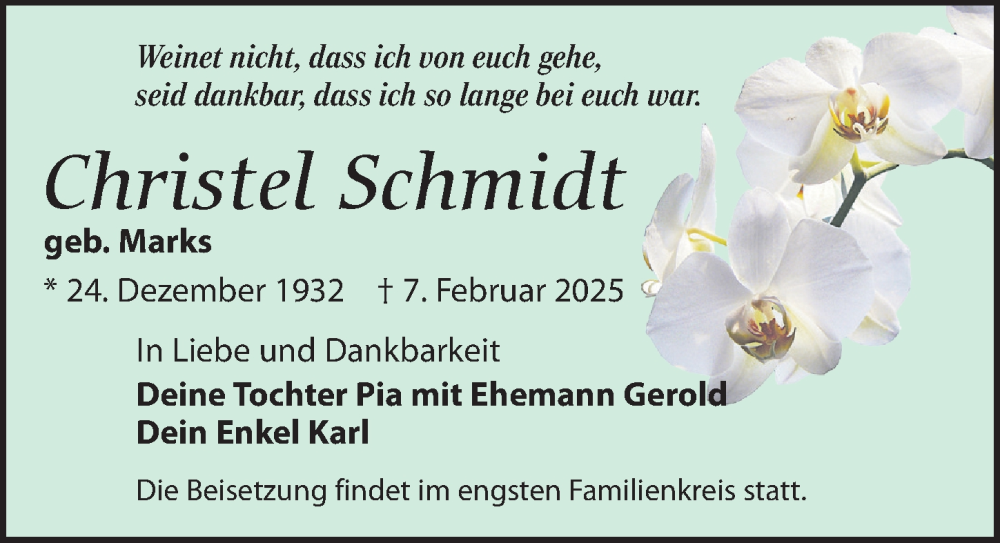  Traueranzeige für Christel Schmidt vom 15.02.2025 aus Leipziger Volkszeitung