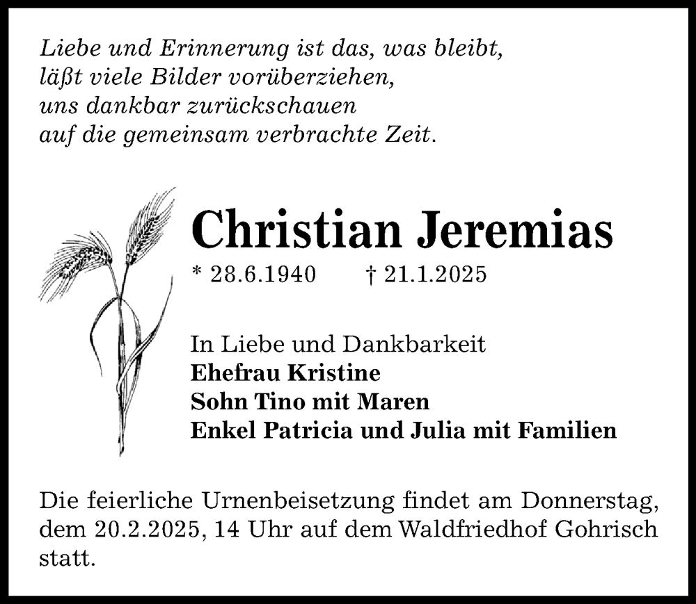  Traueranzeige für Christian Jeremias vom 08.02.2025 aus Sächsische Zeitung