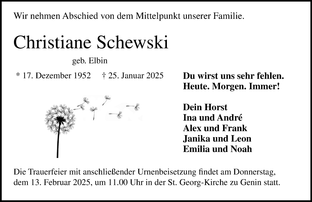  Traueranzeige für Christiane Schewski vom 09.02.2025 aus Lübecker Nachrichten