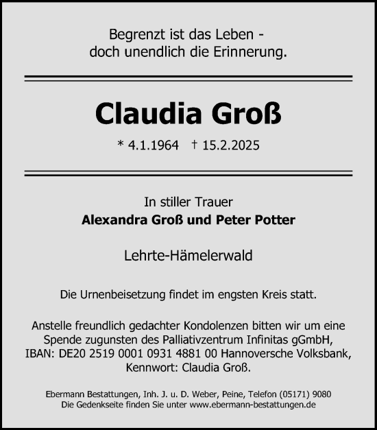 Traueranzeige von Claudia Groß von Hannoversche Allgemeine Zeitung/Neue Presse