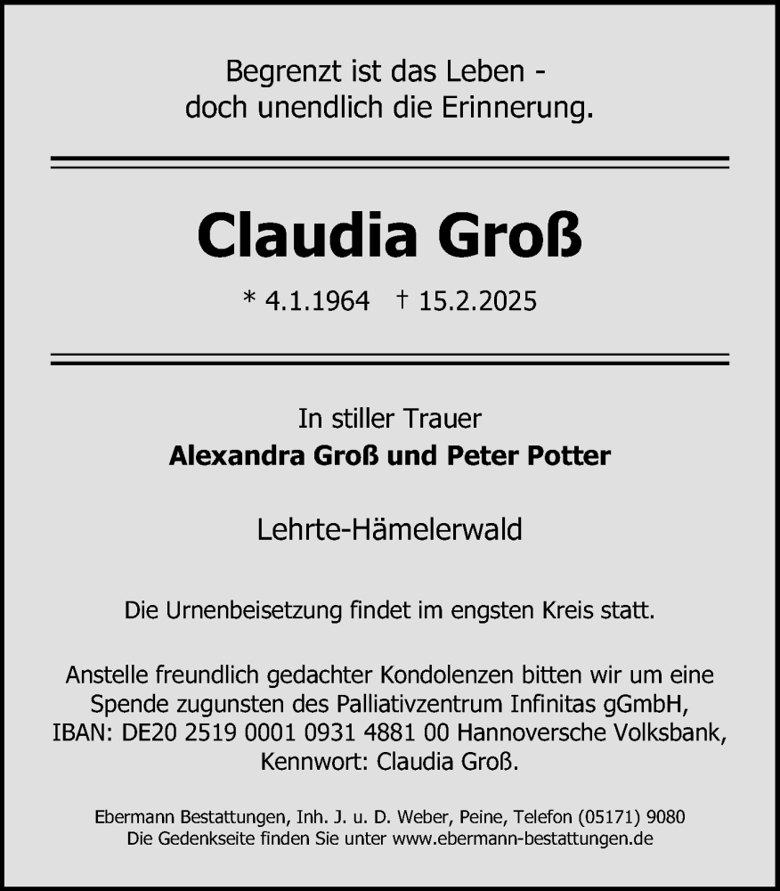  Traueranzeige für Claudia Groß vom 22.02.2025 aus Hannoversche Allgemeine Zeitung/Neue Presse