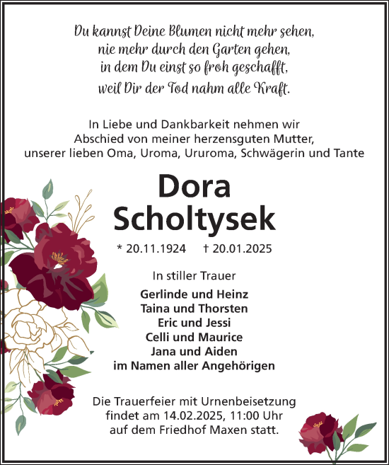 Traueranzeige von Dora Scholtysek von Sächsische Zeitung
