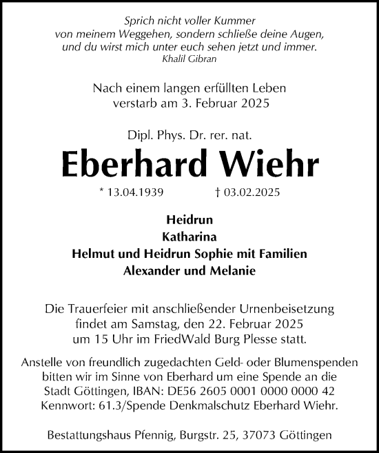 Traueranzeige von Eberhard Wiehr von Göttinger Tageblatt