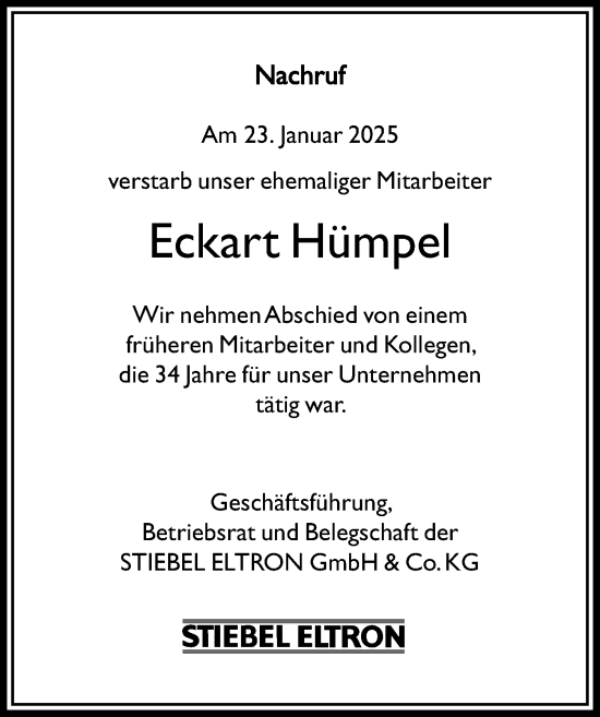 Traueranzeige von Eckart Hümpel von Täglicher Anzeiger Holzminden