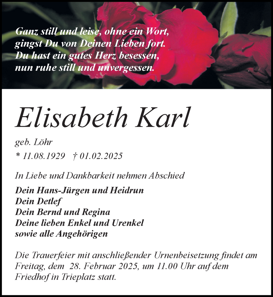  Traueranzeige für Elisabeth Karl vom 08.02.2025 aus Wochenspiegel