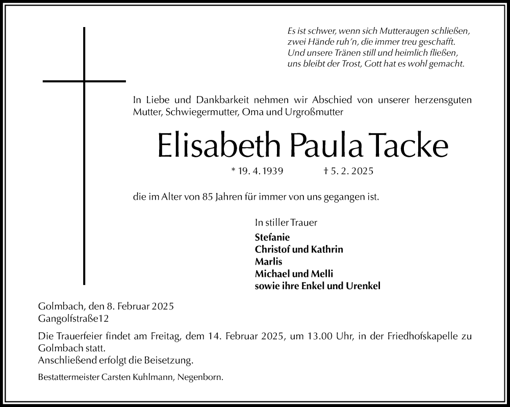  Traueranzeige für Elisabeth Paula Tacke vom 08.02.2025 aus Täglicher Anzeiger Holzminden