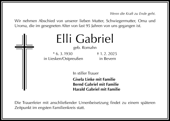 Traueranzeige von Elli Gabriel von Täglicher Anzeiger Holzminden