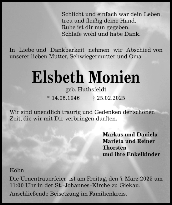 Traueranzeige von Elsbeth Monien von Kieler Nachrichten