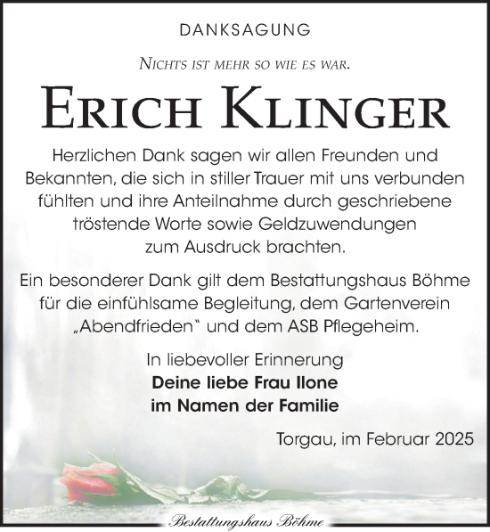 Traueranzeige von Erich Klinger von Torgauer Zeitung