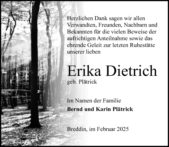 Traueranzeige von Erika Dietrich von Wochenspiegel