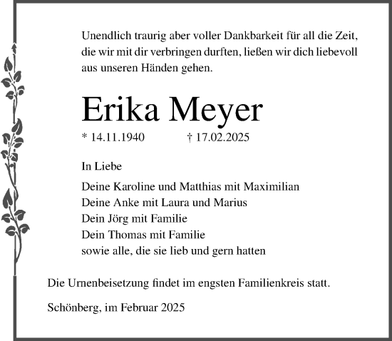 Traueranzeige von Erika Meyer von Ostsee-Zeitung GmbH