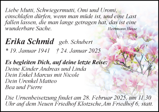 Traueranzeige von Erika Schmid von Sächsische Zeitung