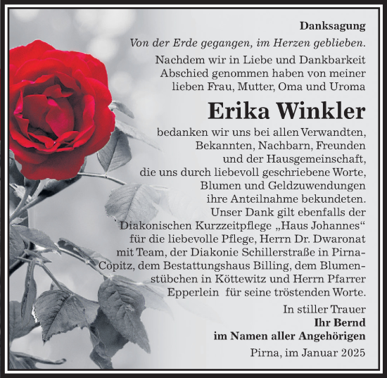 Traueranzeige von Erika Winkler von Sächsische Zeitung