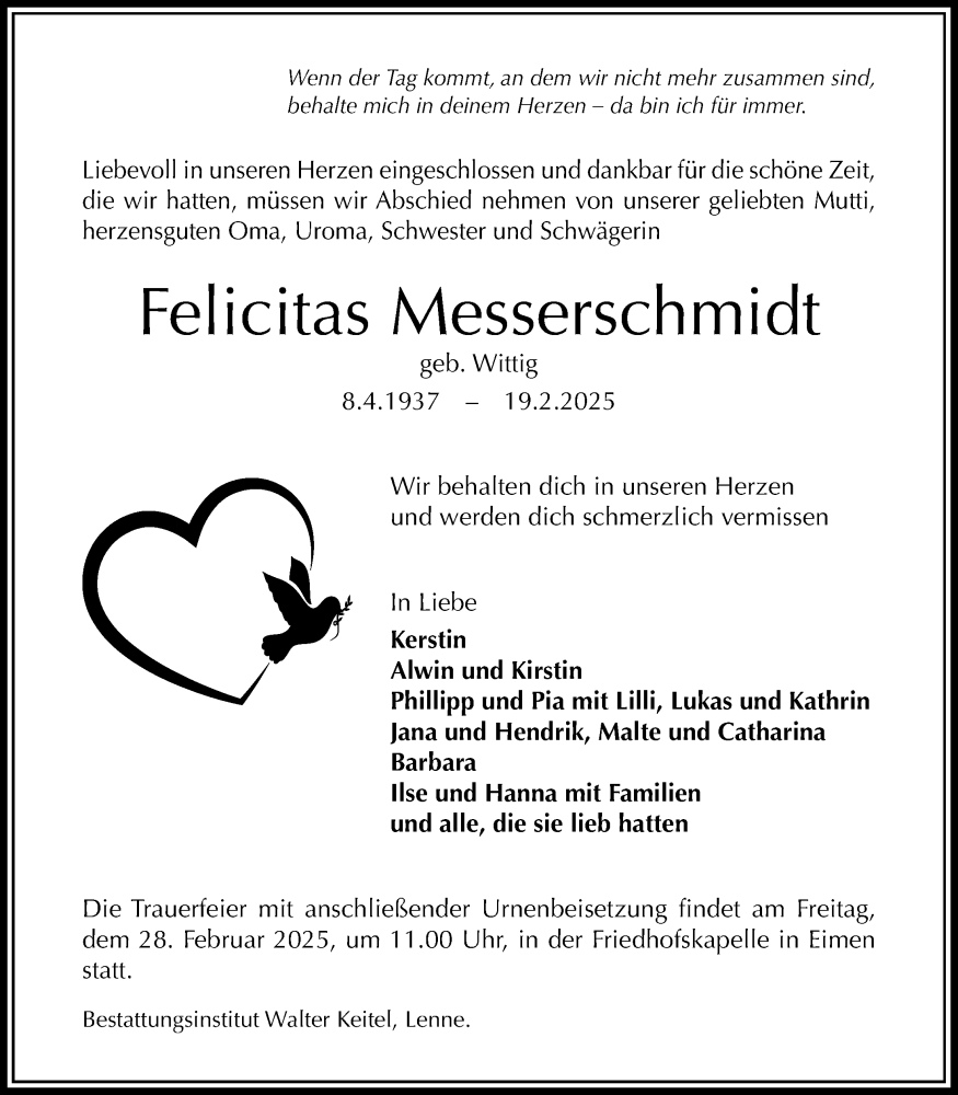  Traueranzeige für Felicitas Messerschmidt vom 22.02.2025 aus Täglicher Anzeiger Holzminden