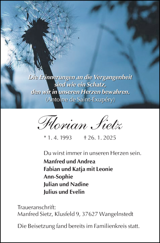 Traueranzeige von Florian Sietz von Täglicher Anzeiger Holzminden