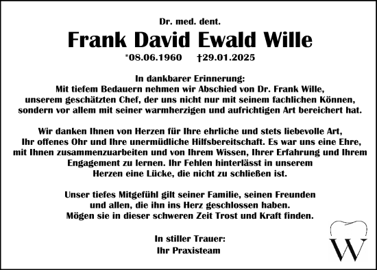 Traueranzeige von Frank David Ewald Wille von Göttinger Tageblatt