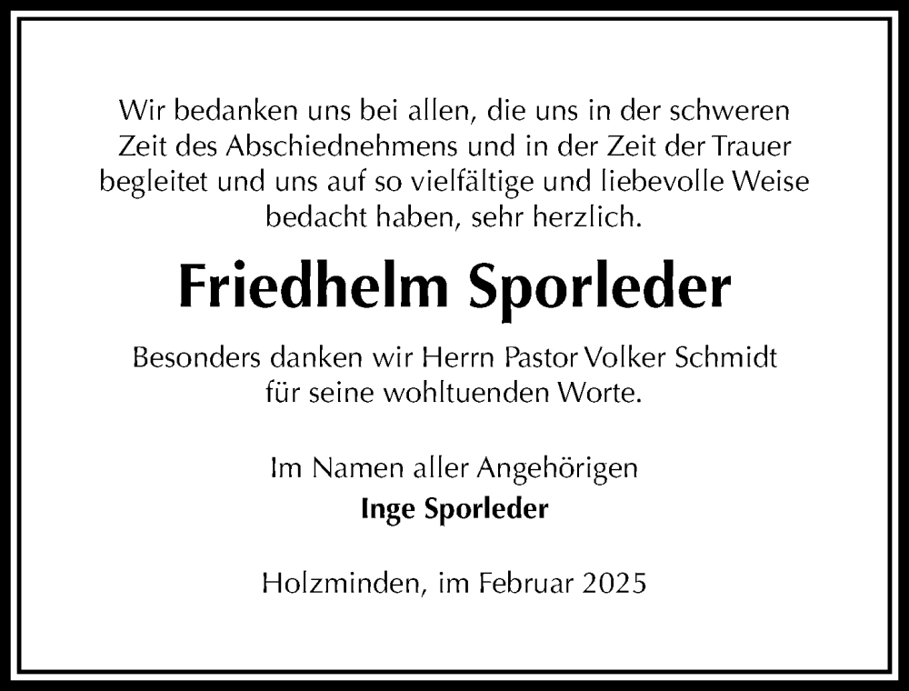  Traueranzeige für Friedhelm Sporleder vom 08.02.2025 aus Täglicher Anzeiger Holzminden
