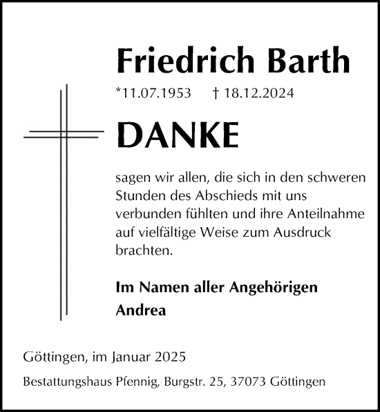 Traueranzeige von Friedrich Barth von Göttinger Tageblatt