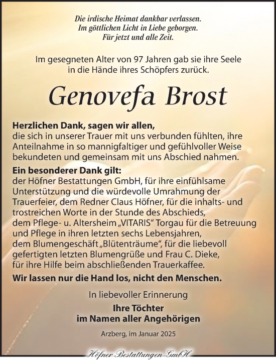 Traueranzeige von Genovefa Brost von Torgauer Zeitung