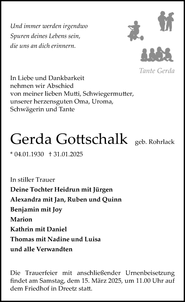  Traueranzeige für Gerda Gottschalk vom 08.02.2025 aus Wochenspiegel