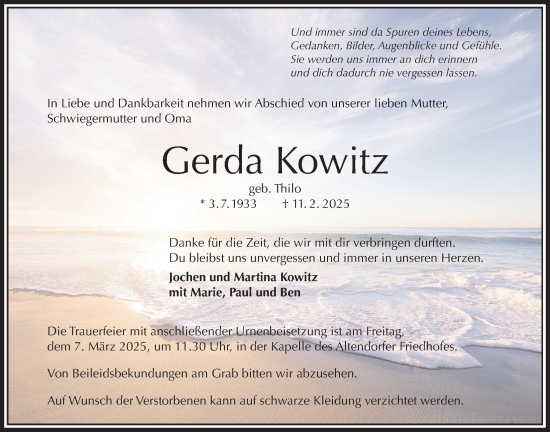 Traueranzeige von Gerda Kowitz von Täglicher Anzeiger Holzminden