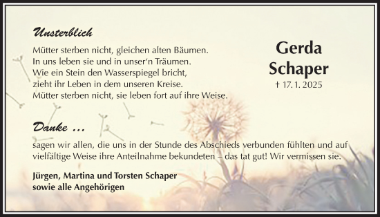 Traueranzeige von Gerda Schaper von Täglicher Anzeiger Holzminden