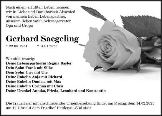 Traueranzeige von Gerhard Saegeling von Sächsische Zeitung