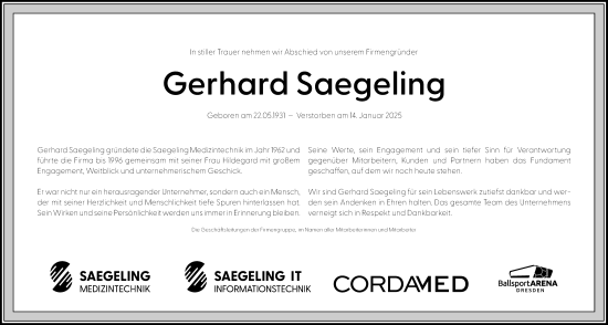 Traueranzeige von Gerhard Saegeling von Sächsische Zeitung