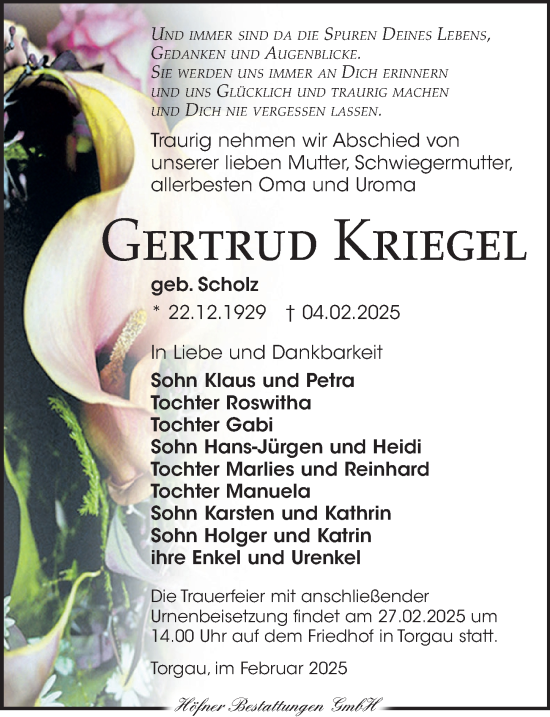 Traueranzeige von Gertrud Kriegel von Torgauer Zeitung