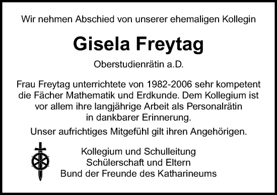 Traueranzeige von Gisela Freytag von Lübecker Nachrichten